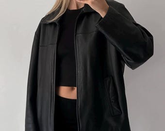 Women Pure black Leather Bomber jacket, Oversized Straight Cut Sheep Leather, Ladies Soft Casual leather jacket, streetwear outfit,