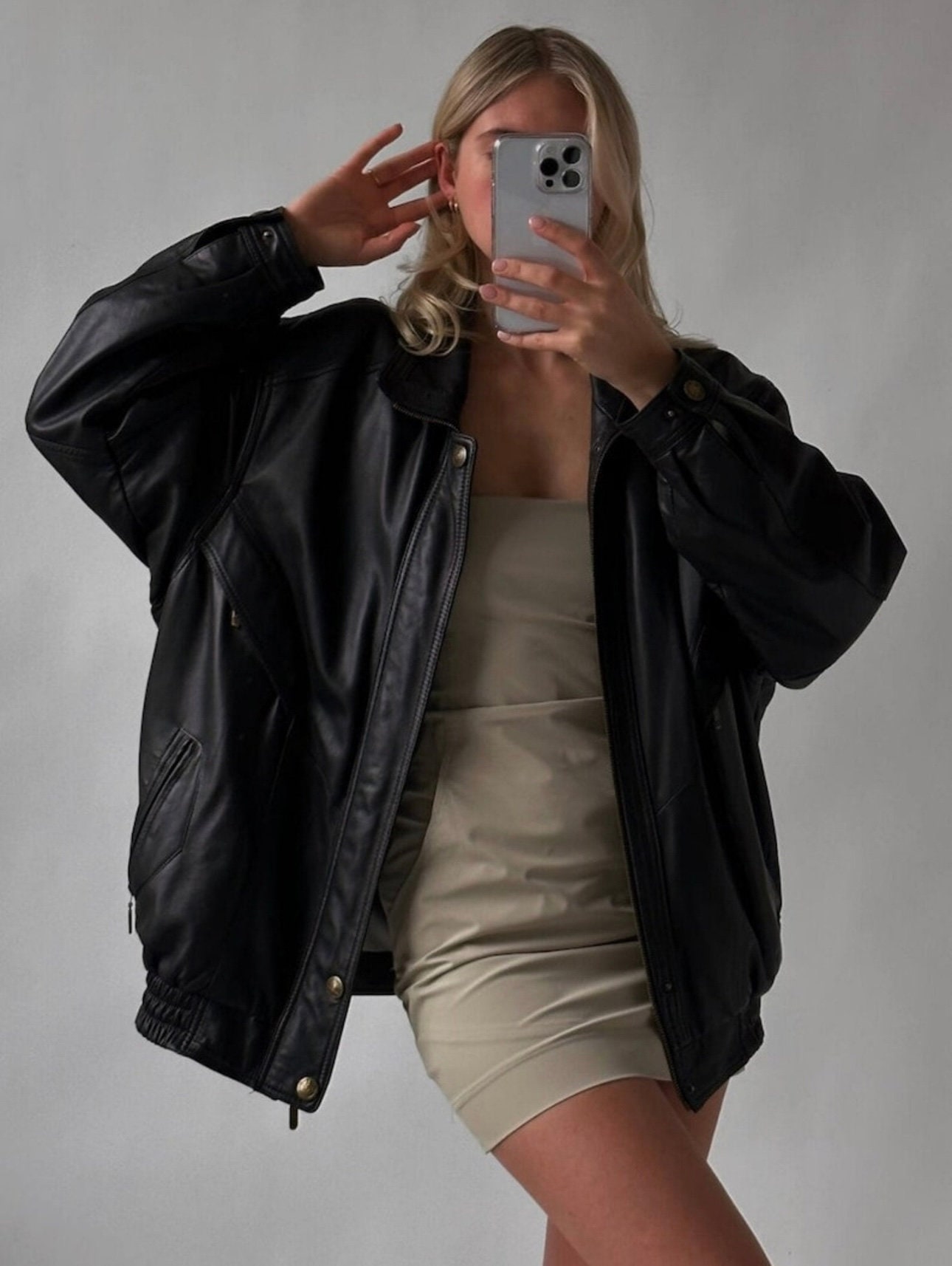 Women Classic Black Leather Bomber Jacket, Oversized Straight Cut 