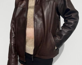 Women Vintage Deep Brown Leather Bomber jacket, Straight Cut Sheep Leather Jacket. Ladies  Soft Natural Leather jacket, Gift for women