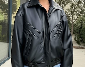 Oversized Lamb Leather Bomber Jacket | 1980s Moto Style - Etsy
