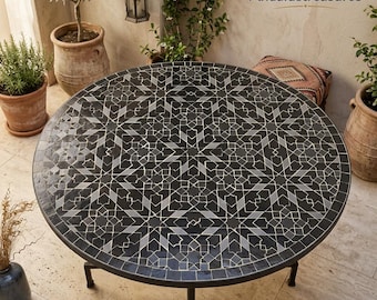 Handgjort marockanskt bord "Riad Andalous" – Flerfärgad Zellige mosaikskiva, traditionellt Fes-hantverk