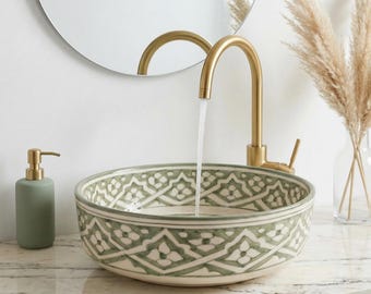 Moroccan Ceramic Vessel Sink - Sage Green, Artisan Crafted