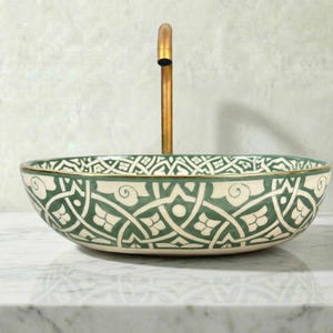 Lavabo ovalado de cerámica hecho a mano – Lavabo de porcelana verde salvia, compacto para tocador.