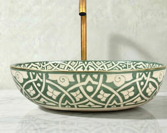 Lavabo ovale in ceramica fatto a mano – Lavabo in porcellana verde salvia, compatto, ideale per il bagno.