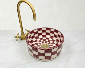 Moroccan Ceramic Vessel Sink - Burgundy Checkered with Brass Drain