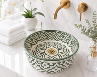 Lavabo de cerámica marroquí - Verde salvia, hecho a mano.