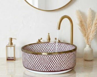 Ceramic Bathroom Basin: Burgundy Red with Gold Rim (Handmade, Kiln-Fired)