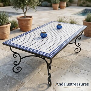 Moroccan Mosaic Zellige Dining Table, Handcut Ceramic Tile, Indoor-Outdoor Furniture