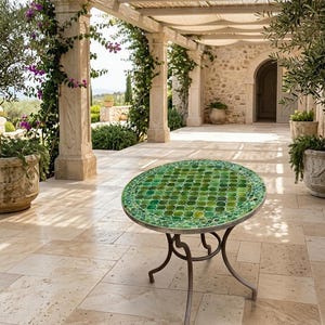 May include: A round table featuring a mosaic top composed of various shades of green glass tiles in a grid pattern. The table is supported by a dark metal base with four curved legs. The text Andalustreasures is visible at the bottom right.
