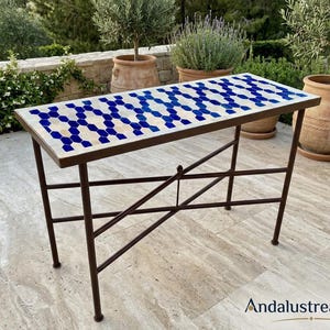 Moroccan Table, Handmade Mosaic Zellige Tile Top | Powder Coated Iron Base, 12-48 In Sizes, Outdoor-Indoor