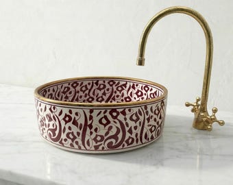 Moroccan Ceramic Vessel Sink, Burgundy Oval (Brass Drain, Handmade)
