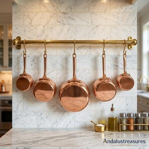 Brass Kitchen Pot Rail Moroccan Handmade: Twisted Rod with S Hooks, With Custom Sizes