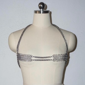 May include: A silver chainmail bikini top and bottom set on a white dress form.