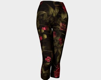 Floral Capris Yoga Leggings/Festival Wear/Activewear/Capris Pants/Trendy Leggings/Black And Pink Tights/Free Delivery Canada/Made In Canada