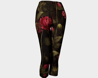 Stylish Floral Print Capri Leggings/Yoga Pants/Red and Black LeggingsTights/Activewear/Athletic Wear/Made in Canada/Free Shipping