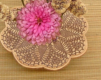 Crochet Doily Vase . Kiln Fired Pottery Ikebana Flower Vase . tan