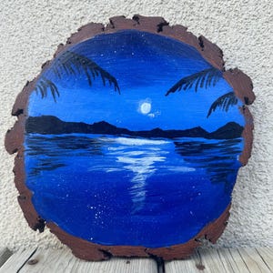 Hand Painted Wood Slice, Original Painting, Rustic Décor, Original Art, Ocean Scene, Sunset, Wood Painting, Nature Art