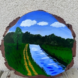 Hand Painted Wood Slice, Original Painting, Rustic Décor, Original Art, River Scene, Wood Painting, Nature Art