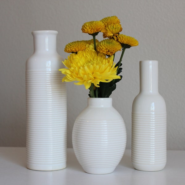 Small White Ceramic Flower Vase Set of 3 – Modern Boho Home Décor, tabletop decor