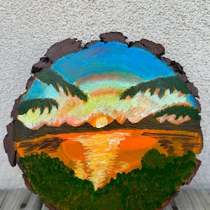 Hand Painted Wood Slice, Original Painting, Rustic Décor, Original Art, Ocean Scene, Sunset, Wood Painting, Nature Art