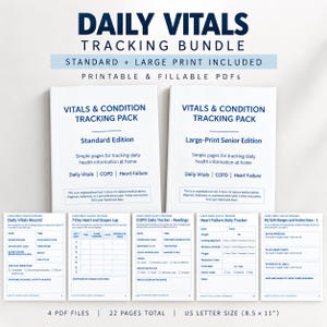 Puede incluir: Un paquete de seguimiento Daily Vitals con documentos PDF imprimibles y rellenables. Incluye una edición estándar y una edición para personas mayores en letra grande para registrar datos de salud como presión arterial y oxígeno.