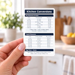 May include: A rectangular white kitchen conversion chart with dark blue headers and text. It displays dry measures, liquid measures, and egg timer and butter conversion data in cups, tablespoons, teaspoons, fluid ounces, and milliliters.