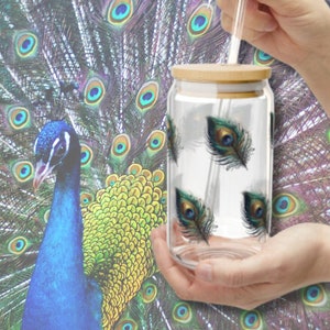 Peacock Feather Iced Coffee Cup Glass Cup Beer Can Glass with Lid and Straw boho art, coffee glass, iced coffee glass Can Mason Jar Cup