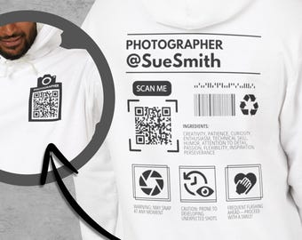 Custom Photographer Hoodie, QR Code, Personalized Name, US Cotton