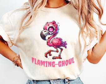 Flaming-Ghoul Flamingo Halloween T-Shirt, Kawaii Spooky Tee