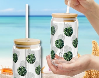 Palm Leaf Glass Tumbler with Bamboo Lid and Straw, Iced Coffee Cup
