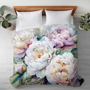 Duvet Cover with Peonies Flower Watercolor Art in King, Queen or Twin, Smooth Microfiber, Floral Bedroom Decor, Romantic Bedding