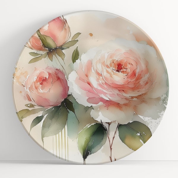 Plate with Peach Rose Watercolor Art, Unbreakable Indoor/Outdoor Contemporary Dinnerware, Microwave Safe Polymer Plastic (No Melamine)