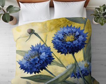 Duvet Cover with Bachelor Buttons Watercolor Art: Cotton or Microfiber Floral Bedding