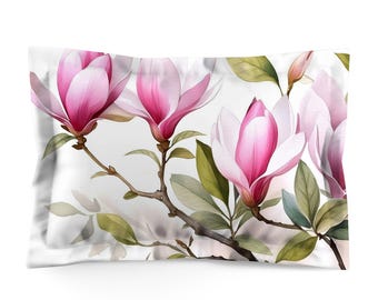 Pillow Sham with Japanese Magnolia Watercolor Art: Floral Cotton or Polyester, Standard or King Bedding