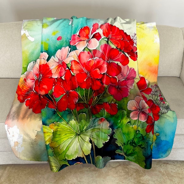 Sherpa Fleece Throw with Geranium Watercolor Art, 50x60 60x80, Floral Warm Plush Blanket Throw, Romantic Sofa Throw, Gift for Her