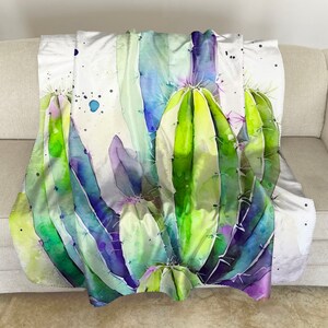 Sherpa Fleece Throw with Saguaro Cactus Watercolor Art: Floral Plush Blanket