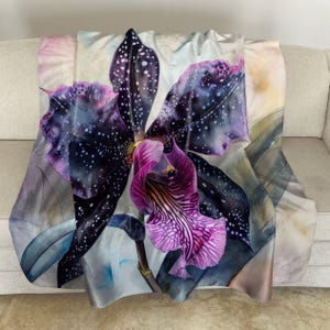 Sherpa Fleece Throw with Black Orchid Watercolor Art: Floral Plush Blanket