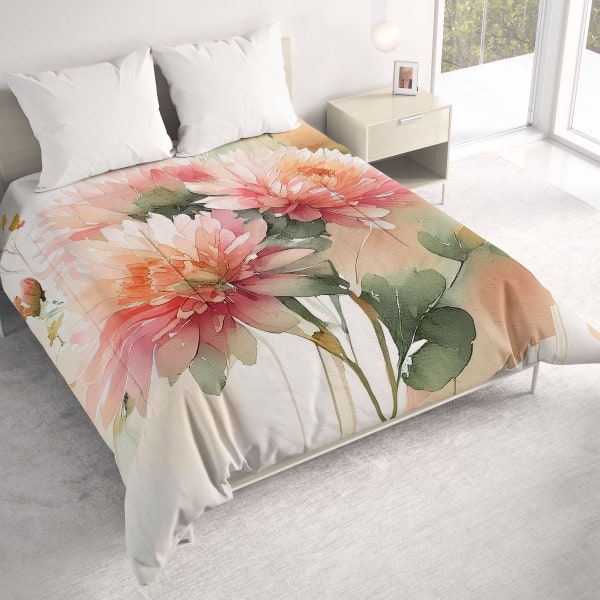 All Seasons Lightweight Comforter with Chrysanthemum Watercolor Art, Romantic Contemporary Quilt Bedding, Twin, Queen or King Size Bedspread