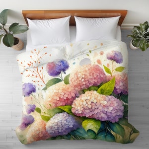 Duvet Cover with Hydrangea Flower Watercolor Art: Floral, Silky Microfiber Bedding