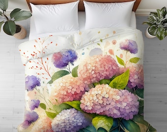 Duvet Cover with Hydrangea Flower Watercolor Art in King, Queen or Twin, Smooth Microfiber, Floral Bedroom Decor, Romantic Bedding
