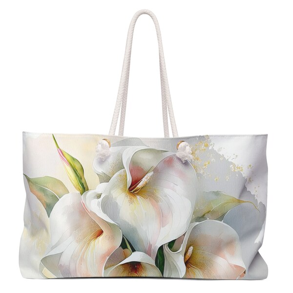 Oversized Rope Handle Tote Bag with Calla Lillies Watercolor Art, Large Vacation Lined Beach Bag, Big Weekend Utility Flat Bottom Tote