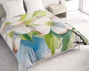 All Seasons Lightweight Comforter with Dogwood Watercolor Art, Romantic Contemporary Quilt Bedding, Twin, Queen or King Size Bedspread