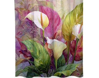 Shower Curtain with Peace Lily Watercolor Art: Floral Bathroom Decor