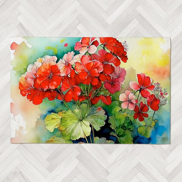 Area Rug with Geranium Watercolor Art, Five Sizes 2x3 to 8x10, Floral Durable Floor Art, Modern Indoor-Outdoor Lay-Flat Rug