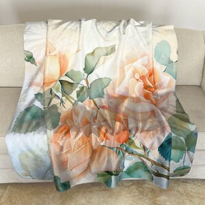 Sherpa Fleece Throw with Peach Roses Watercolor Art: Floral Plush Blanket