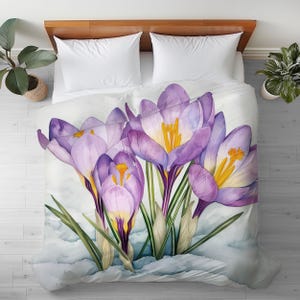 Duvet Cover with Crocus Flower Watercolor Art: Floral, Silky Microfiber Bedding