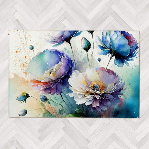 Area Rug with Blue and Purple Flower Watercolor Art, Five Sizes 2x3 to 8x10, Floral Durable Floor Art, Modern Indoor-Outdoor Lay-Flat Rug