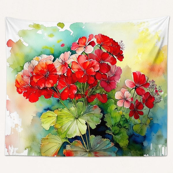 Geranium Watercolor Art Tapestry Large Wall Hanging, Floral Art Living Room or Bedroom Decor, Romantic Contemporary Decor