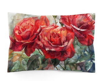Pillow Sham with Red Roses Watercolor Art: Floral Cotton or Polyester, Standard or King Bedding