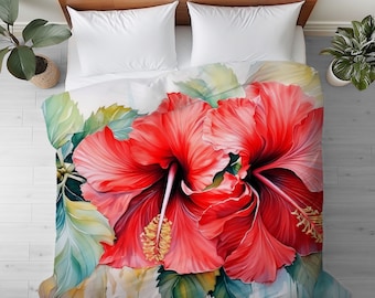 Duvet Cover with Red Hibiscus Flower Watercolor Art: Cotton or Microfiber Floral Bedding